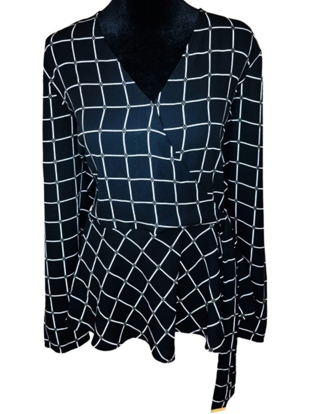 Michael Kors Women’s L Black White Windowpane Wrap Peplum Blouse